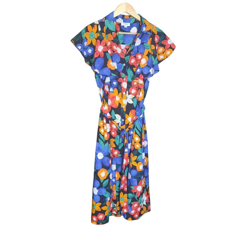 Umgee Womens Bold Floral Print Tie Waist Flutter Sleeve Midi Dress Size S